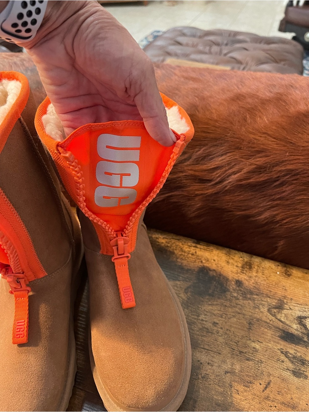 UGG Women's Tan Suede Boots with Bright Orange Zip Panel - Picture 10 of 11